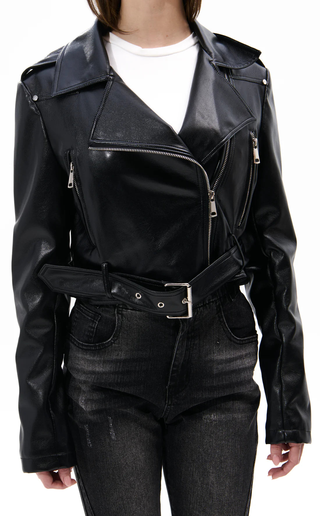 Cropped Faux Leather Moto Jacket