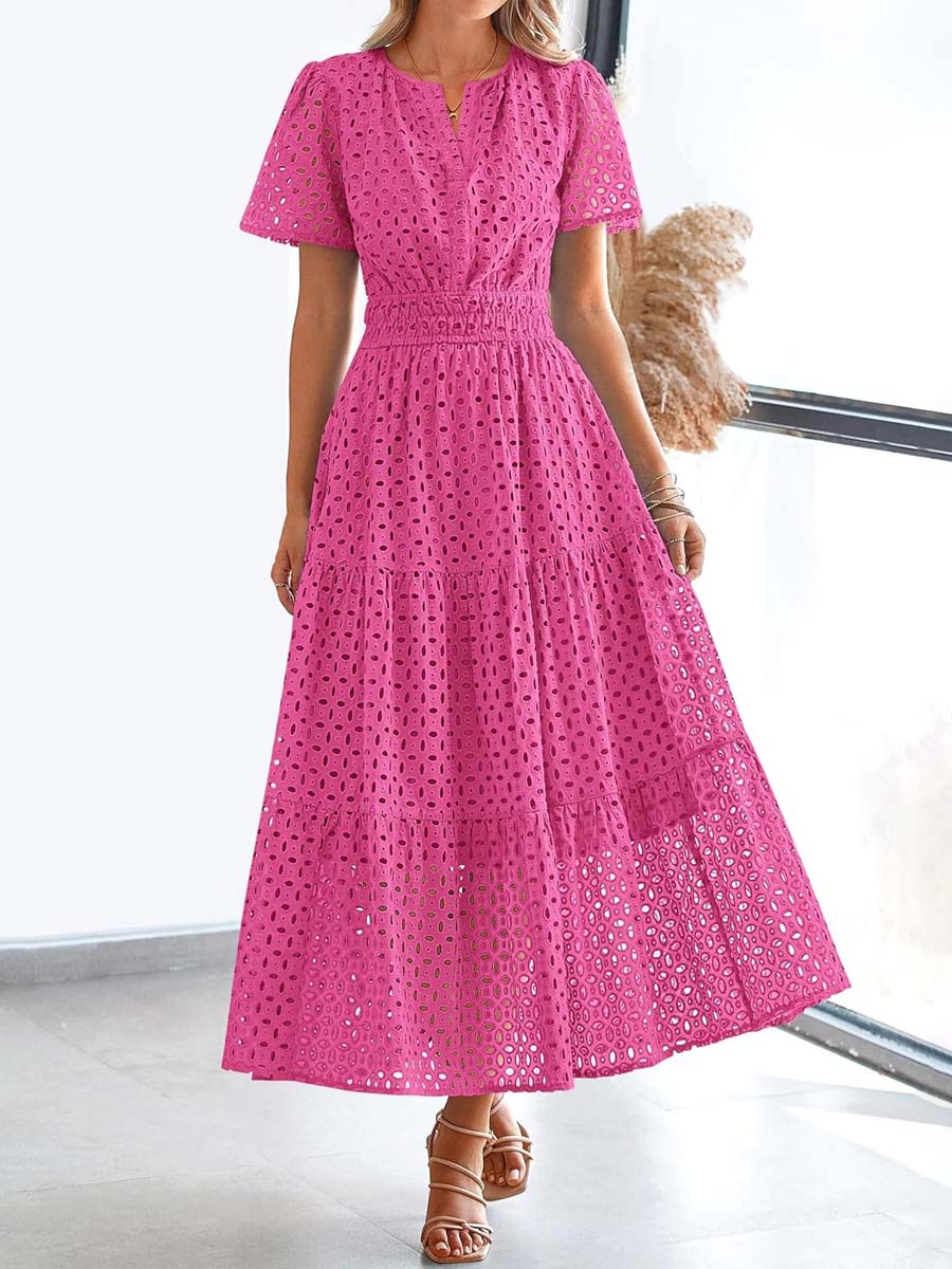 V-neck Hollow-out Eyelet Short-sleeve Dress