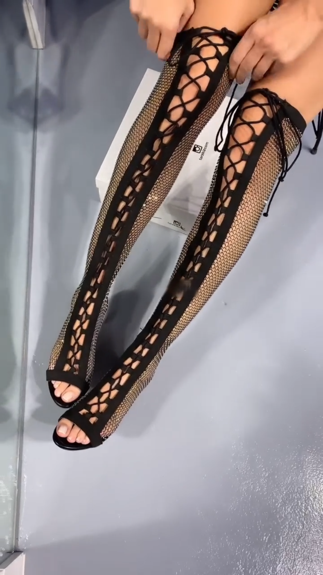 Black Rhinestone Lace up Over the Knee Sandals