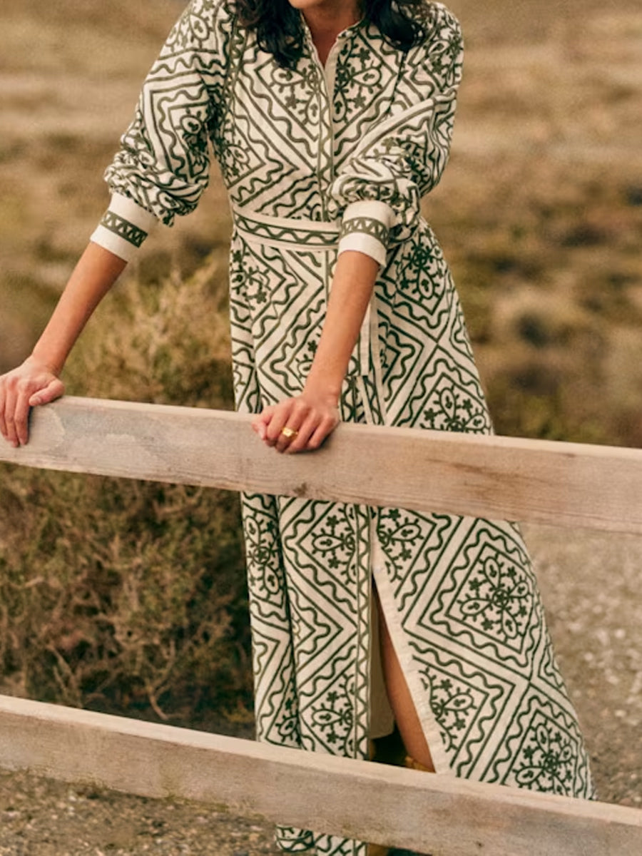 Printed Long Sleeve Belted Dress
