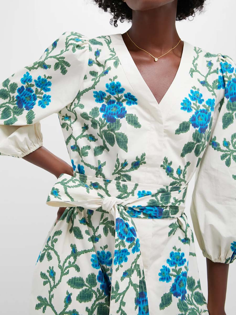 Printed V Neck Puff Sleeve Dress