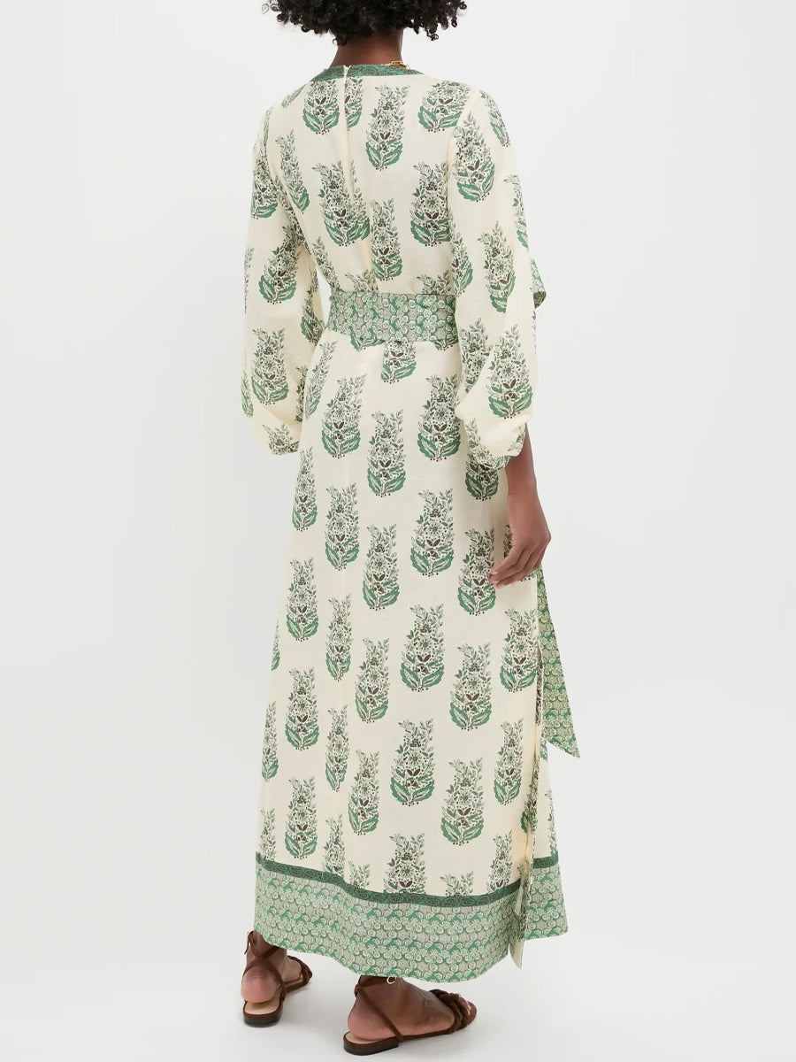 Printed V Neck Balloon Sleeves Dress