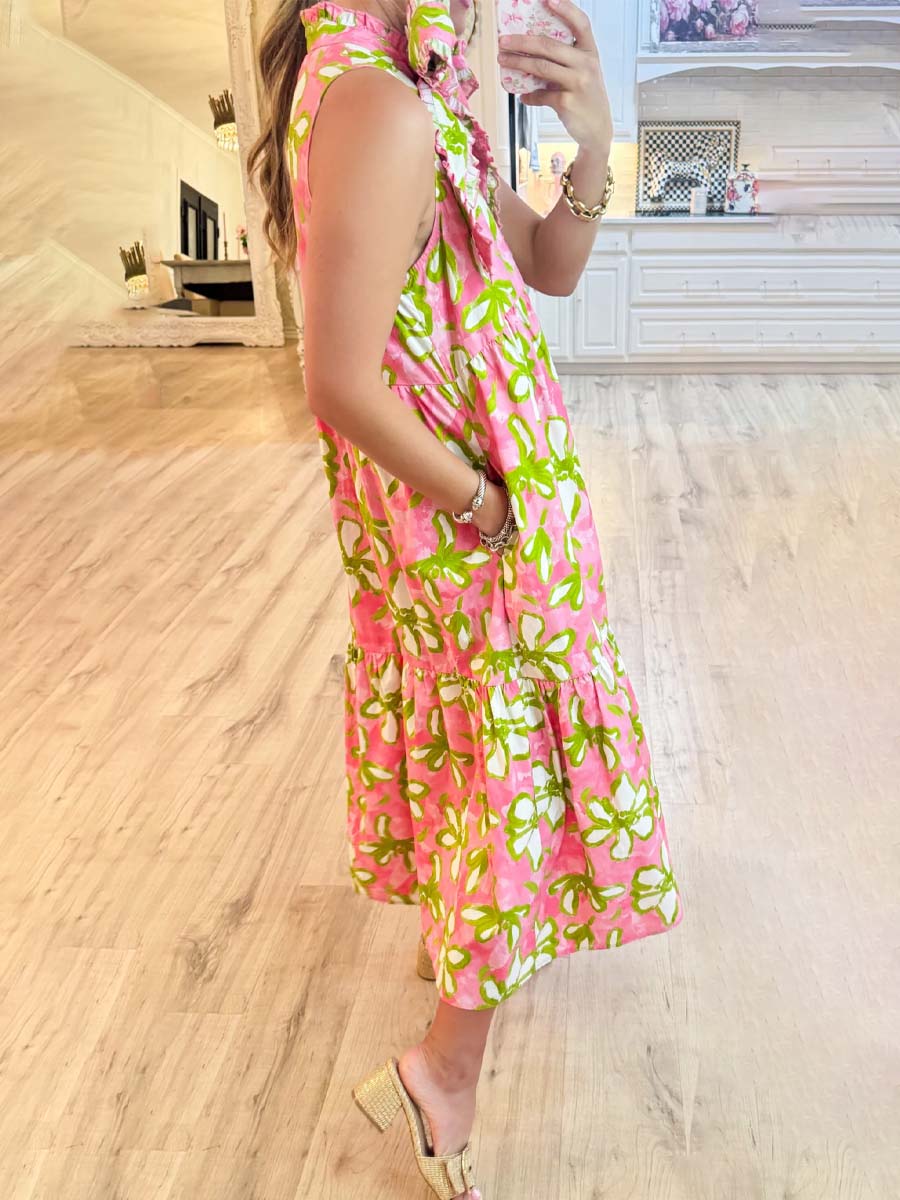 Flower Print Sleeveless Tiered Midi Dress