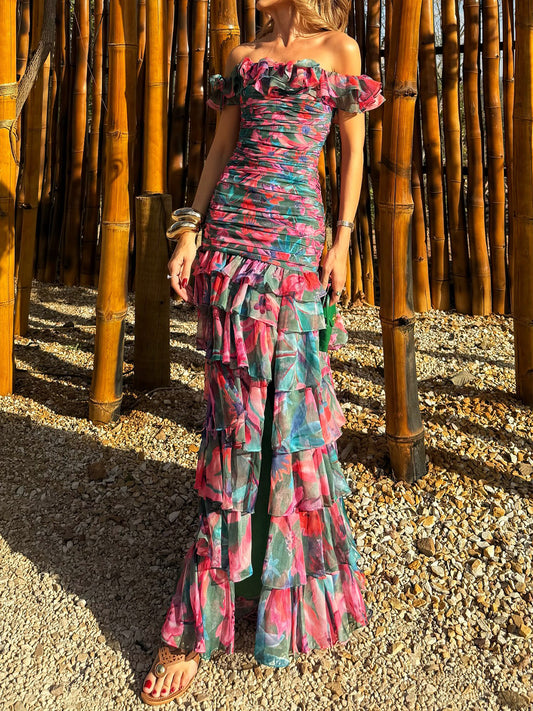 Off Shoulder Printed Ruffled Maxi Dress