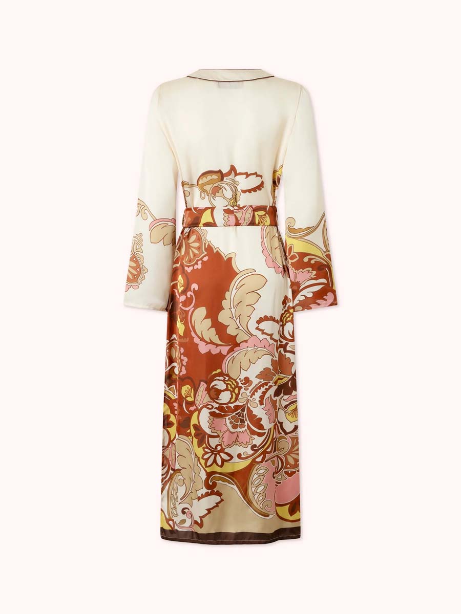 Split Neck Printed Belted Midi Dress