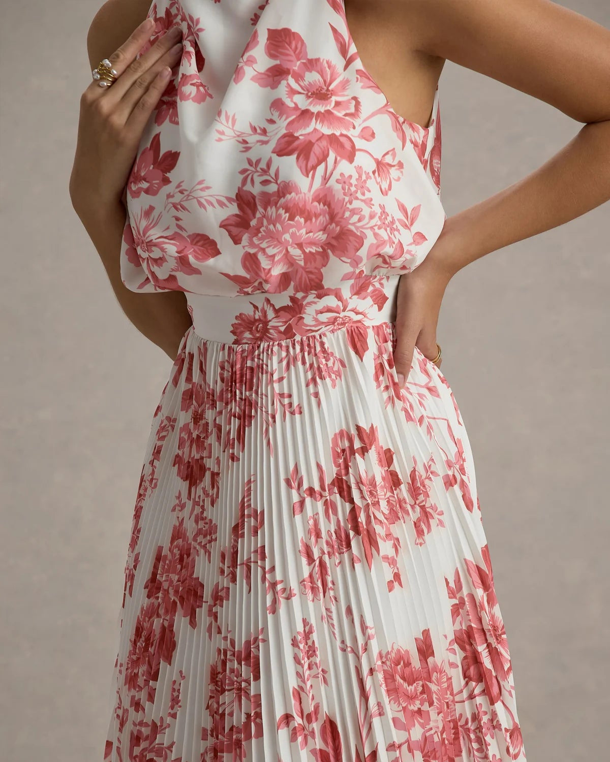 Floral Halter Neck Pleated Dress