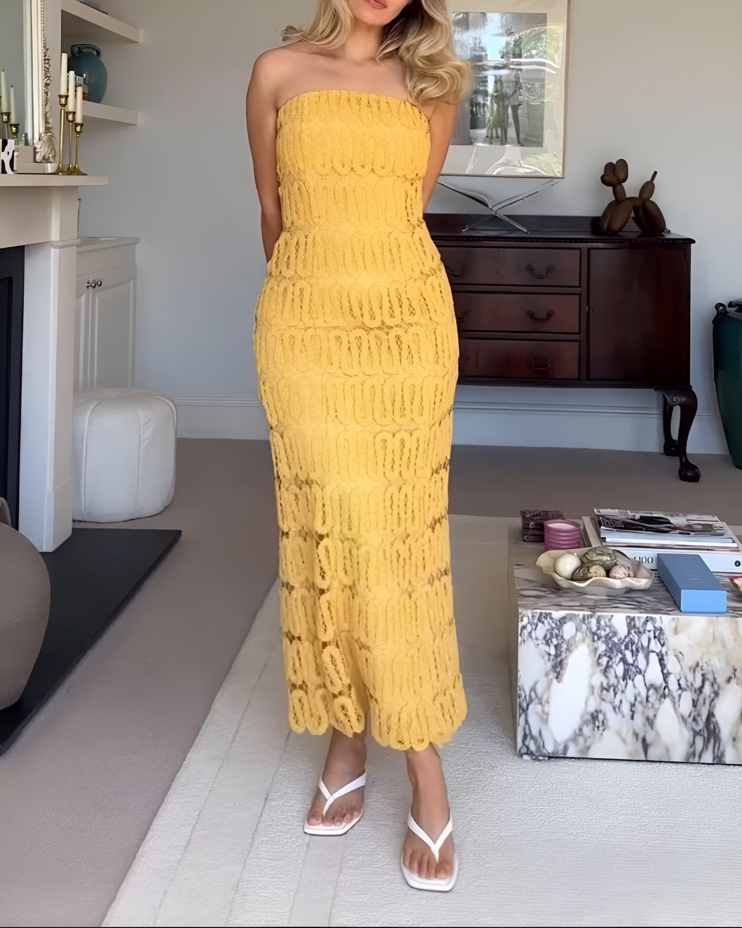 Yellow Strapless Lace Maxi Dress