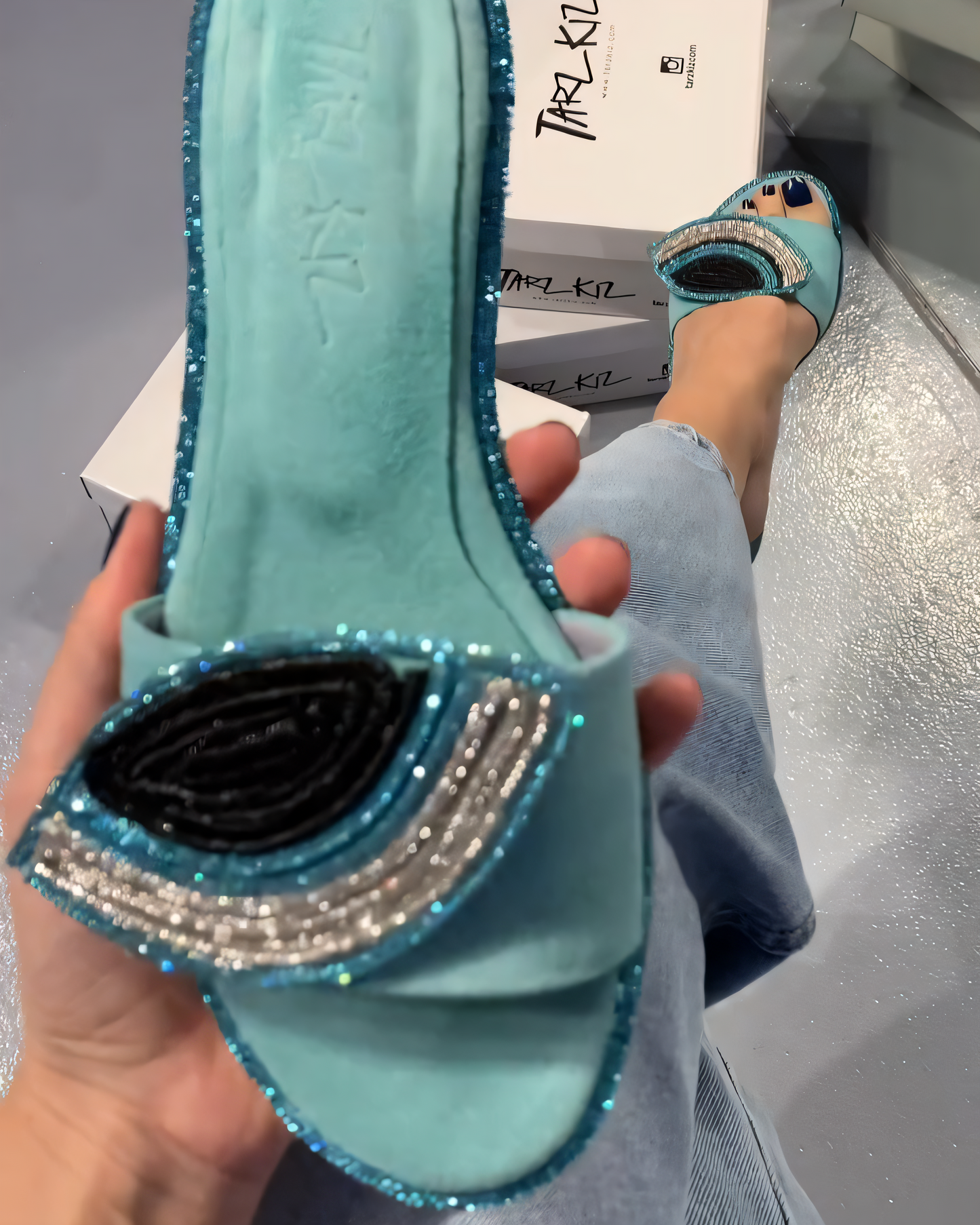 Rhinestone - Trimmed Turquoise Flat Slides