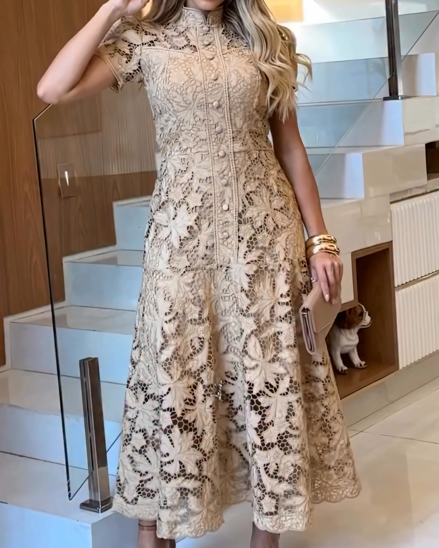 Beige Lace High - Neck Mermaid Midi Dress