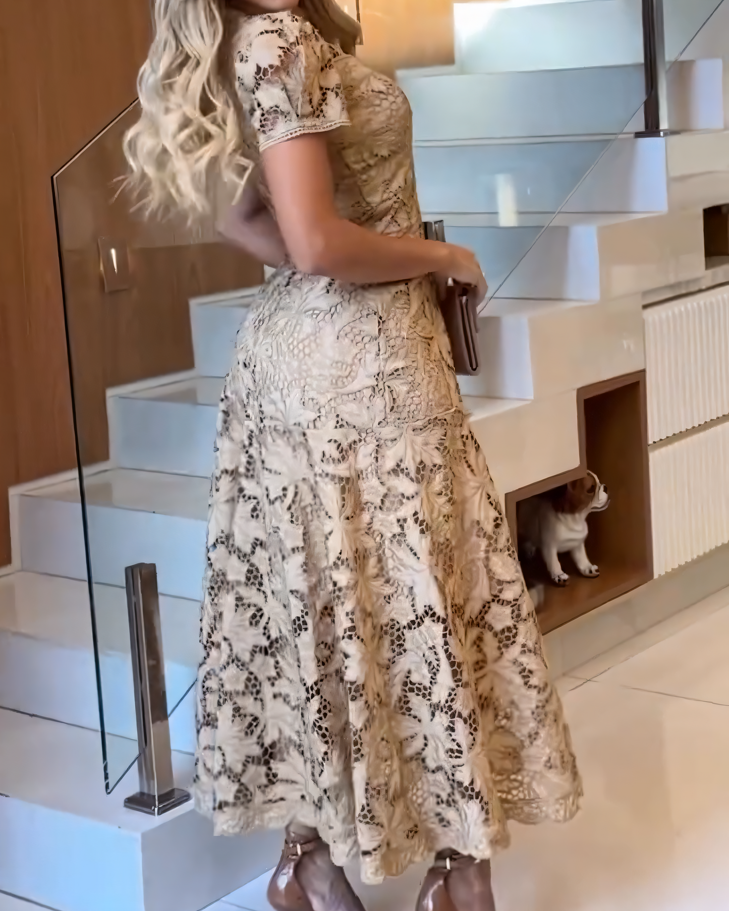 Beige Lace High - Neck Mermaid Midi Dress