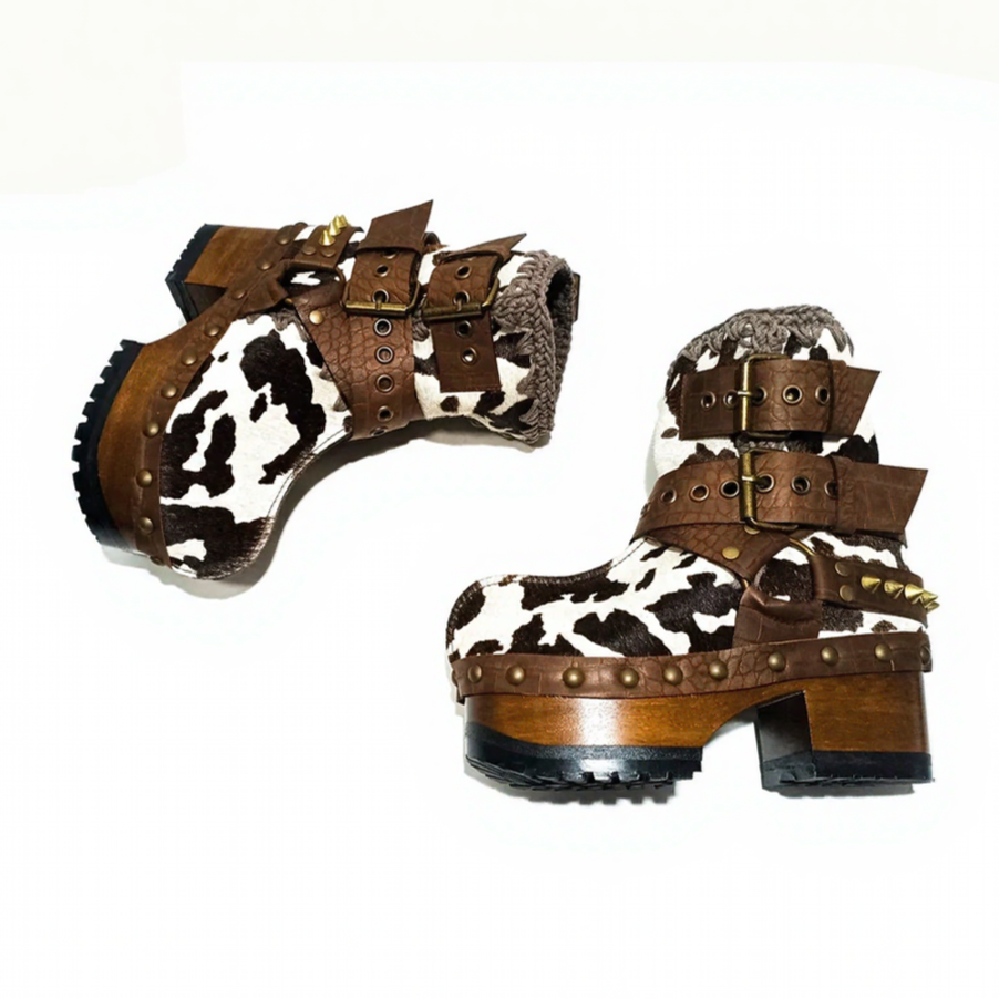 Cow Print Patchwork Wooden Clog Boots