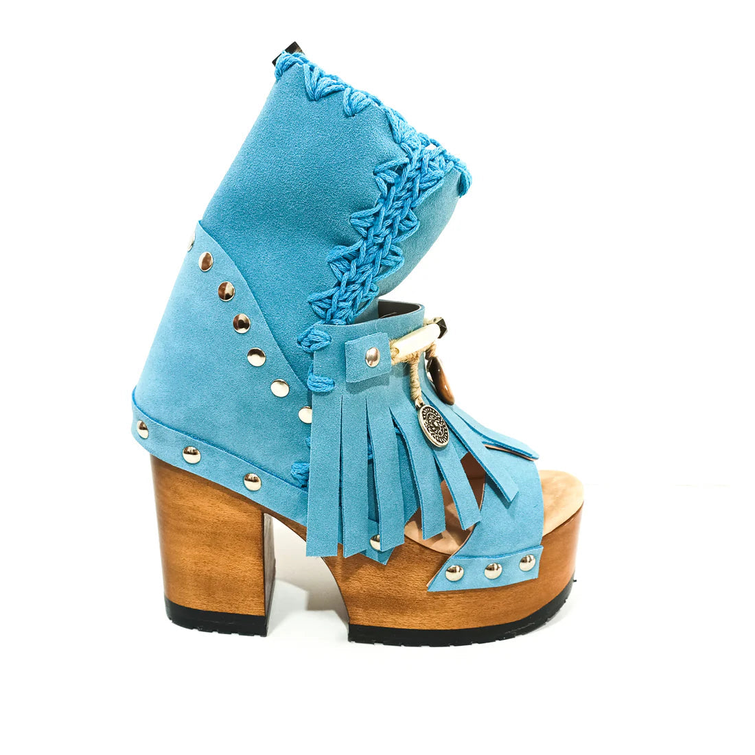 Blue Suede Fringe Platform Peep - Toe Boots