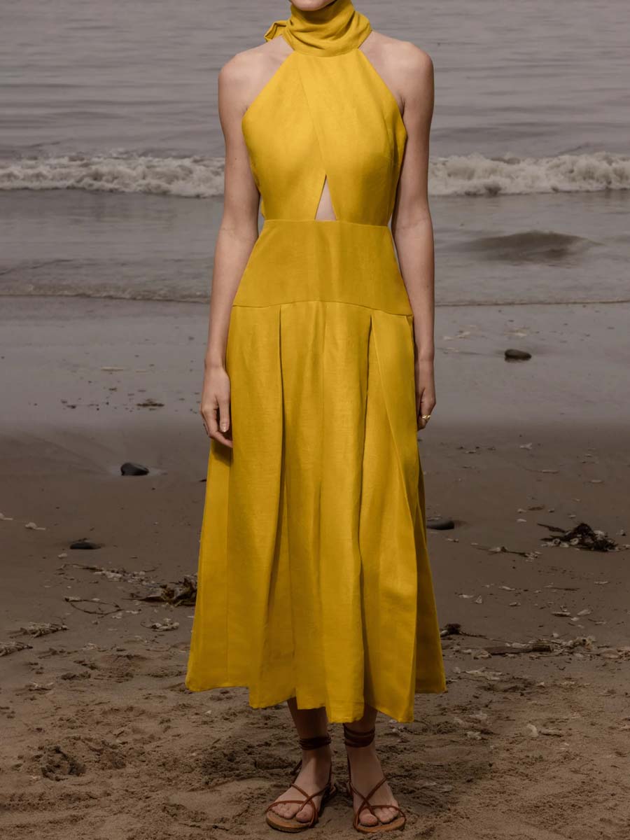 Scarf Collar Pockets Pleated Dress