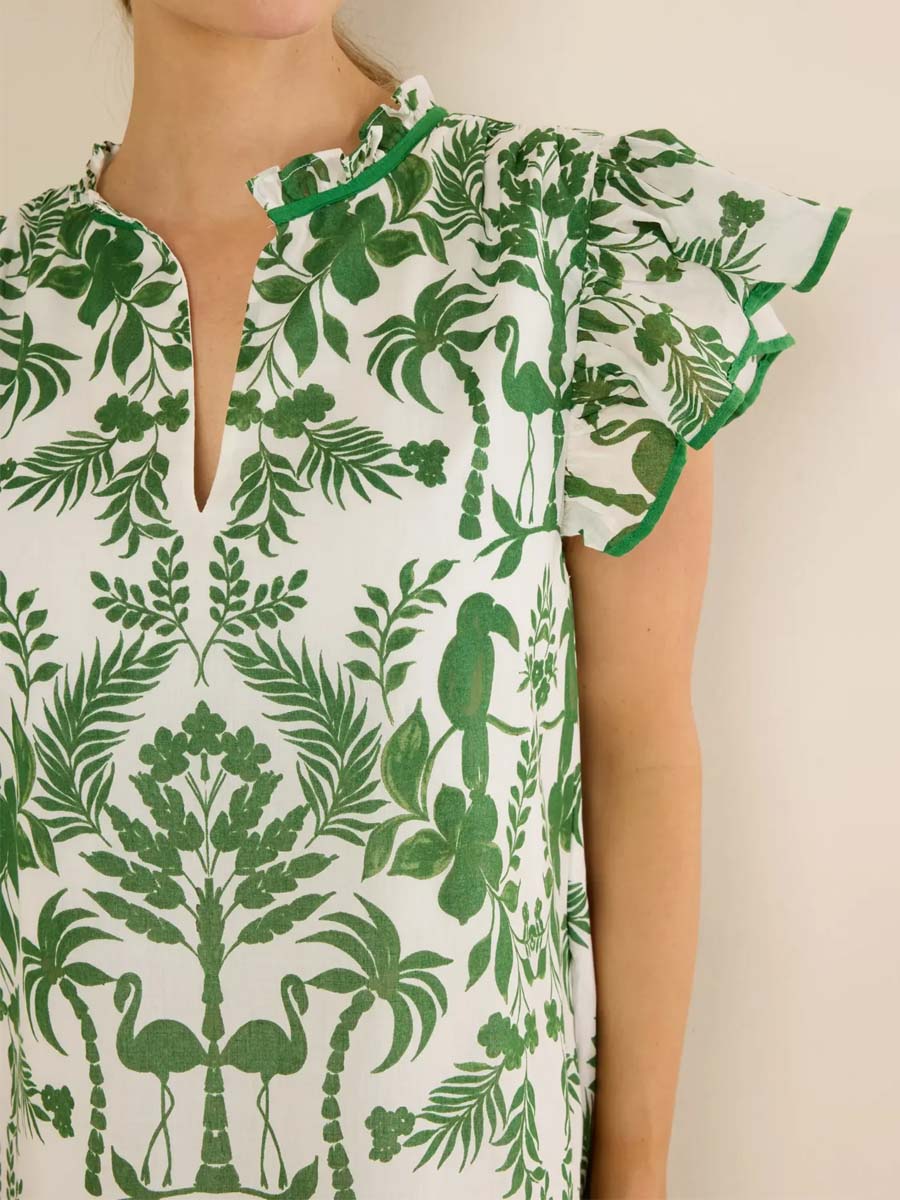 Floral Print Band Collar Flutter Sleeve Dress