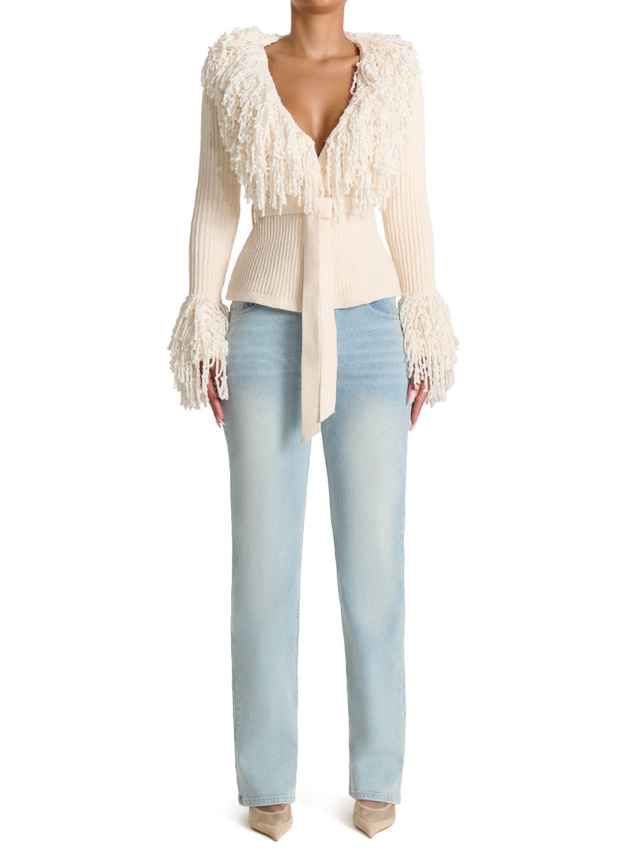 Fringe Tie Waist Knitted Cardigan