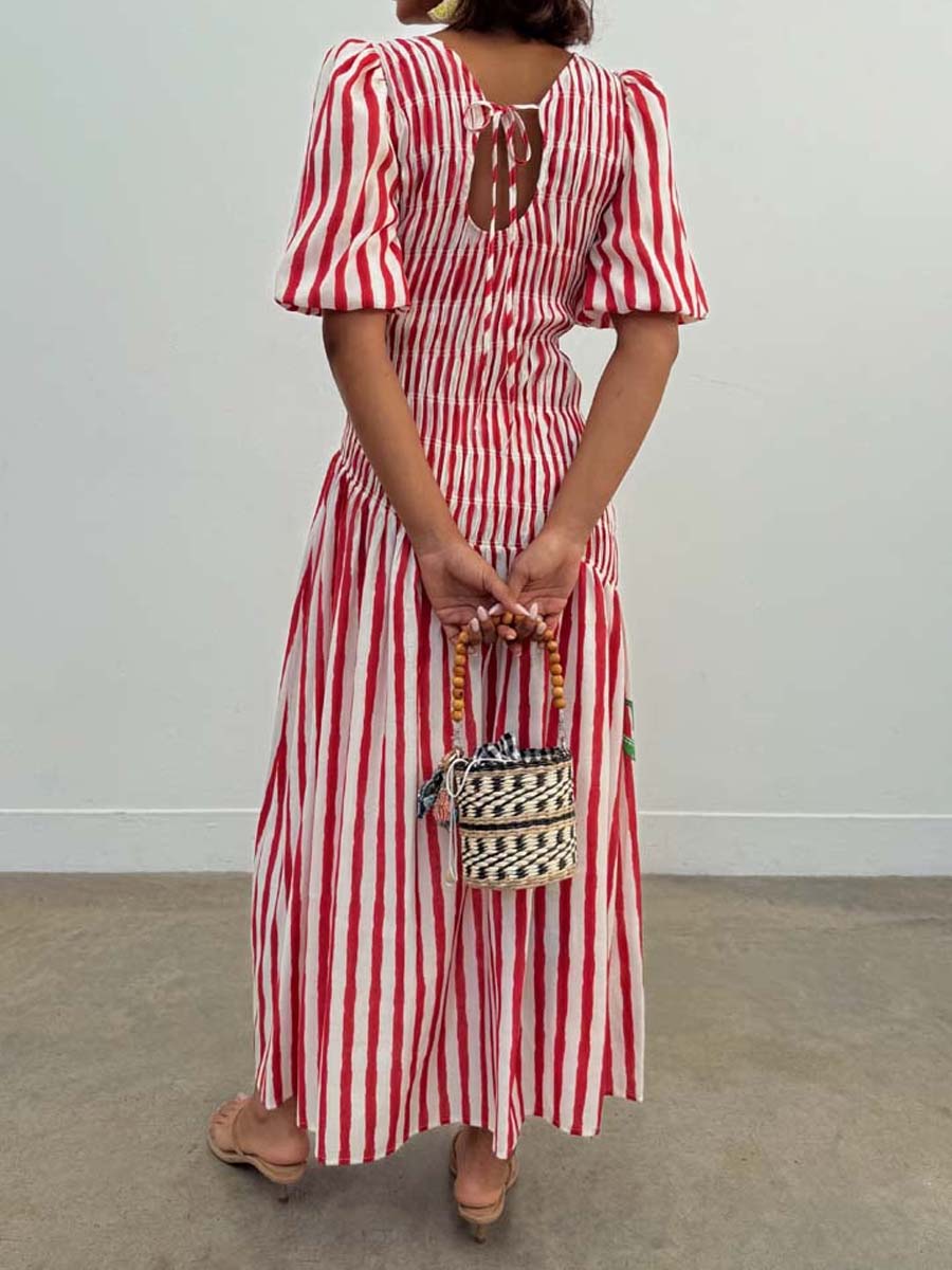 Elastic Shirring Tie Neck Dress