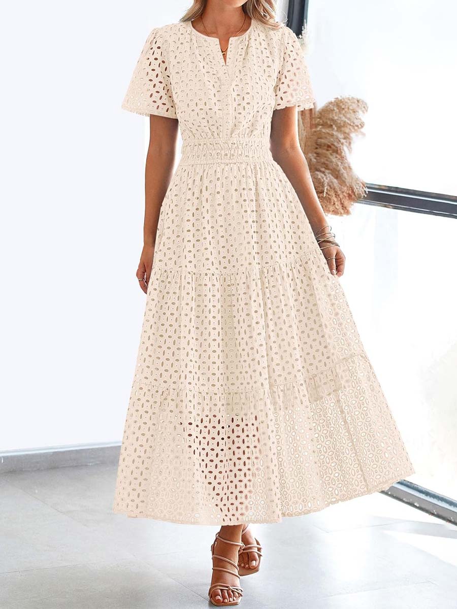 V-neck Hollow-out Eyelet Short-sleeve Dress