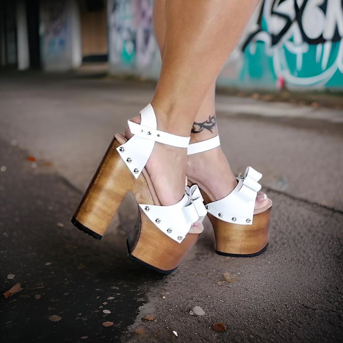 White Bow - Studded Wooden Platform Sandals
