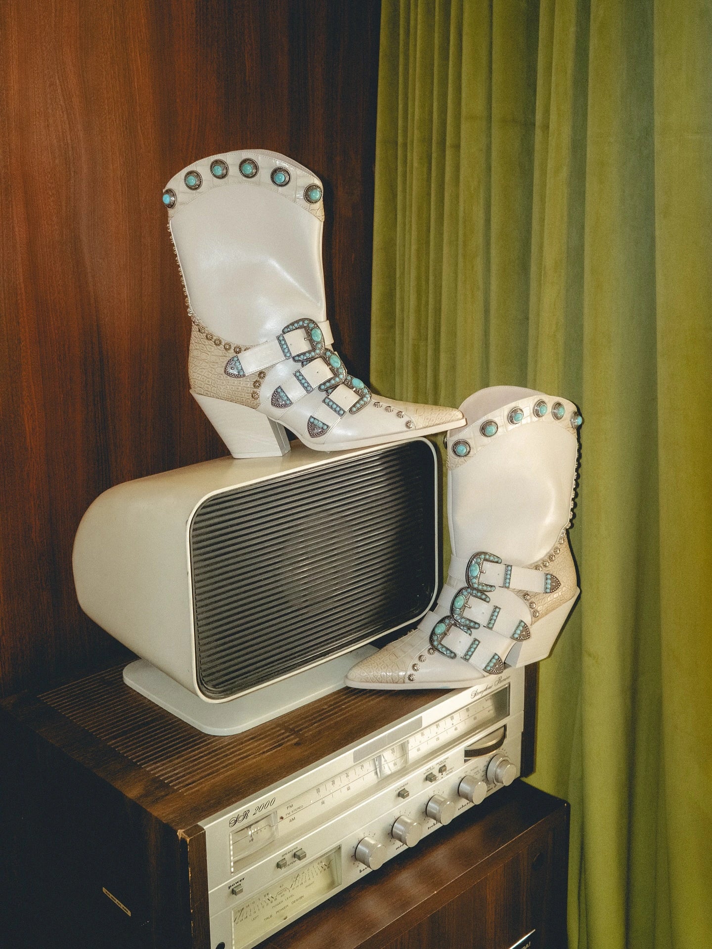 BEIGE TURQUOISE WESTERN BOOTIE