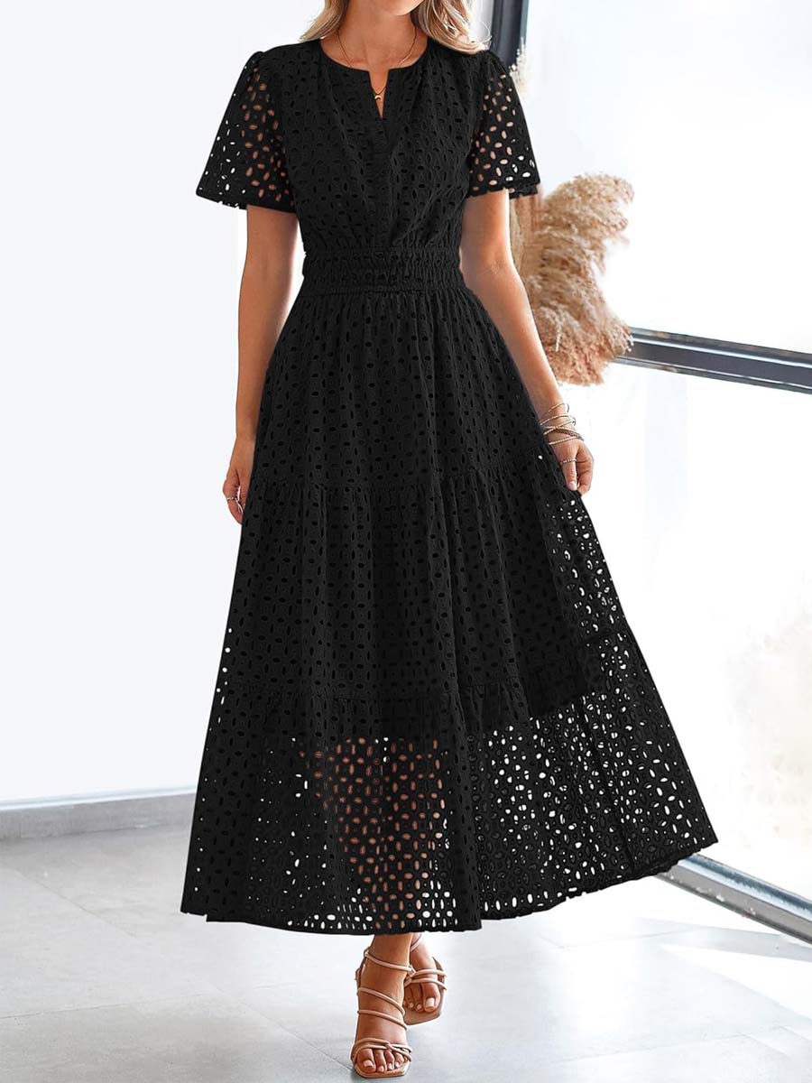 V-neck Hollow-out Eyelet Short-sleeve Dress