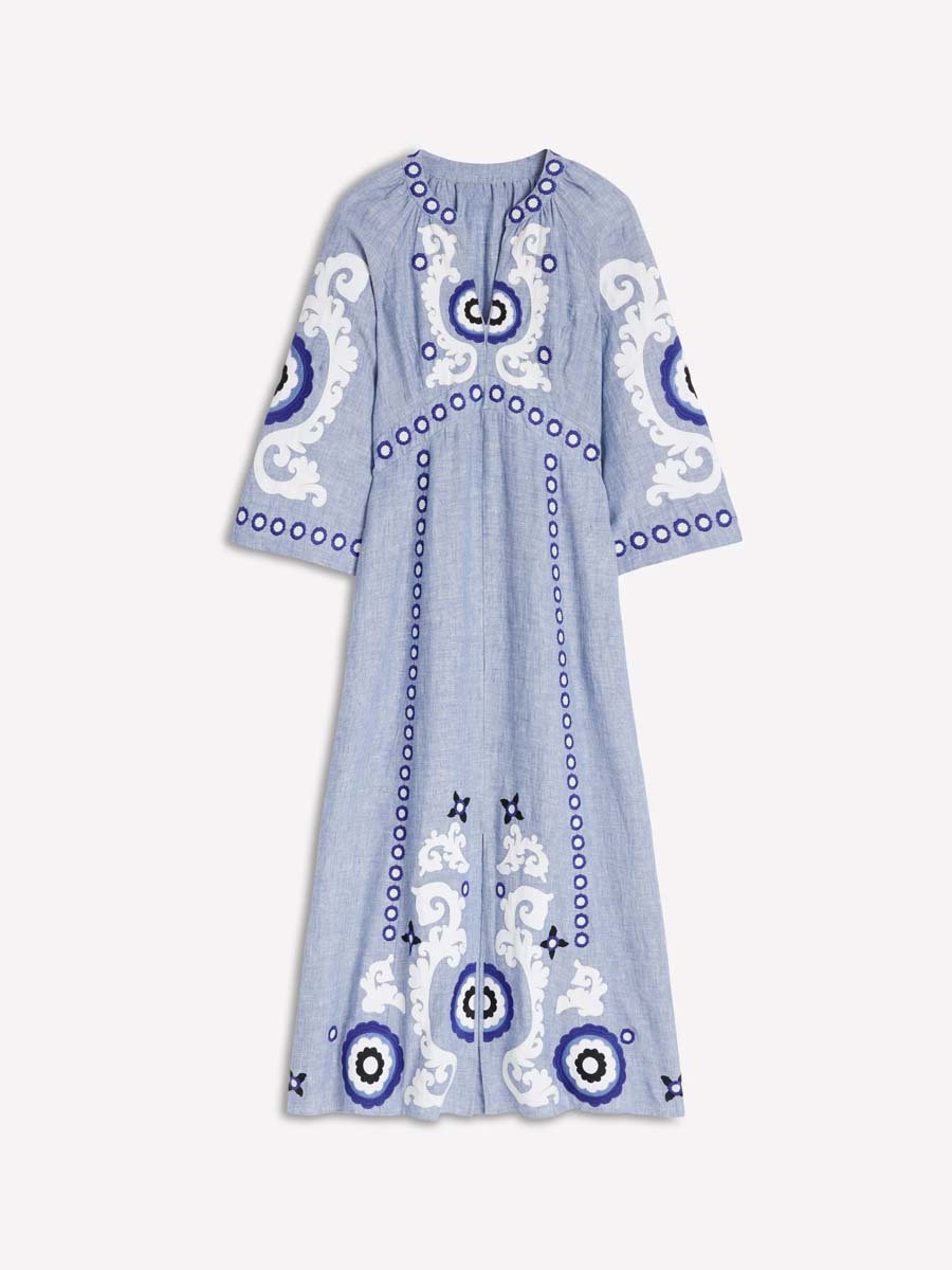 Split Neck Embroidered Maxi Dress