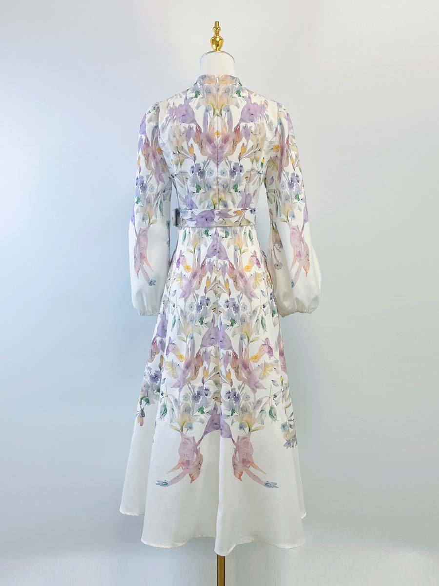 Single-breasted Placement Print Belted Dress