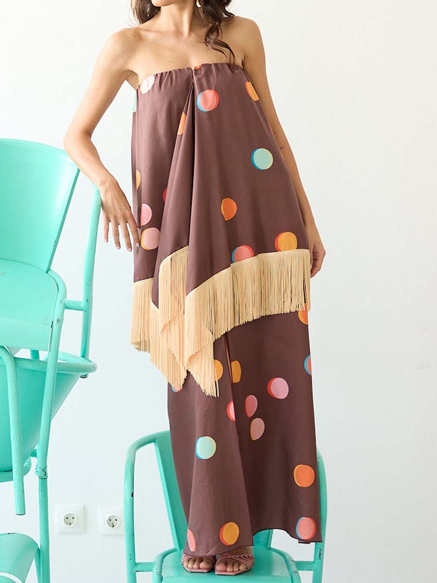 Printed Tassel Slit Hem Strappless Dress