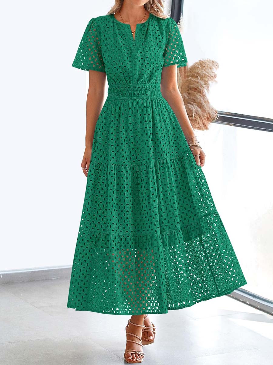 V-neck Hollow-out Eyelet Short-sleeve Dress