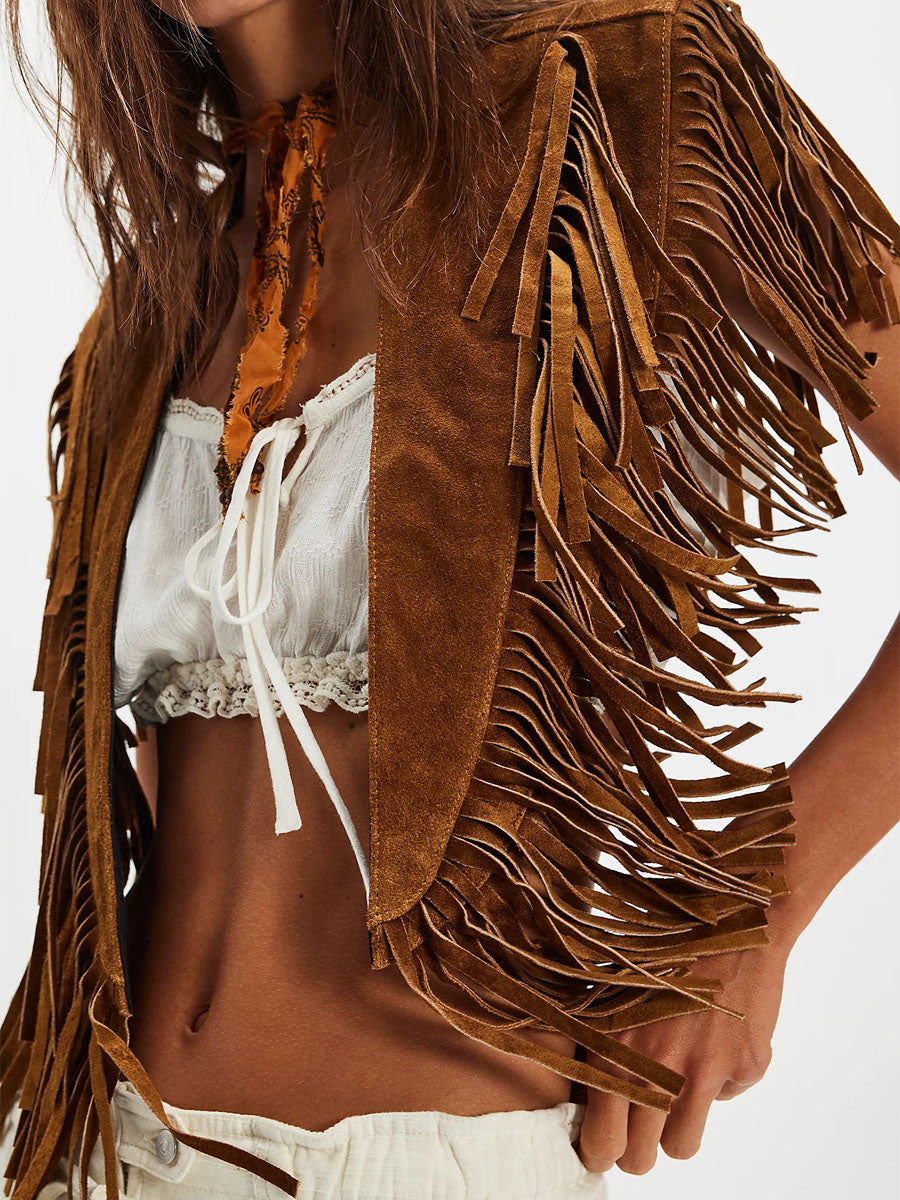 Suede Collar Fringed Vest