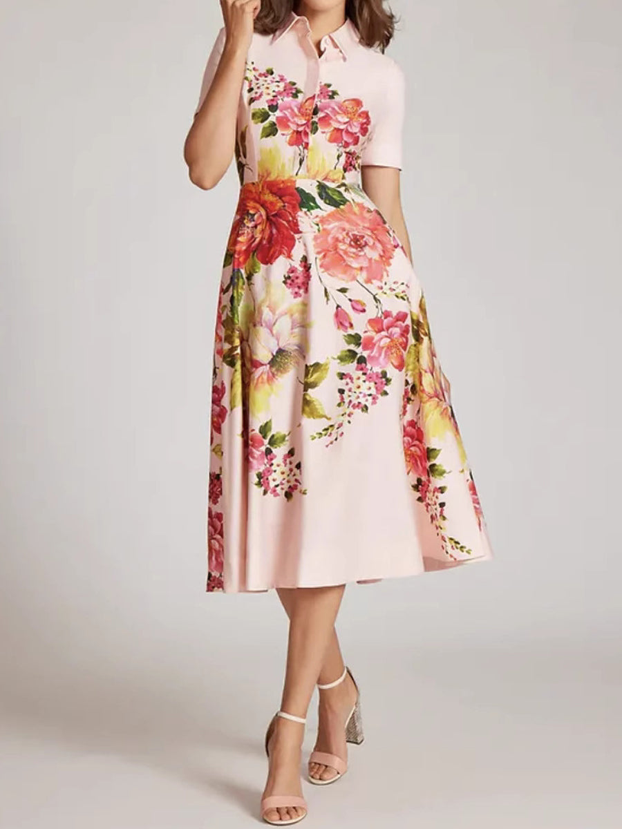 Floral Print Elegant Shirt Midi Dress