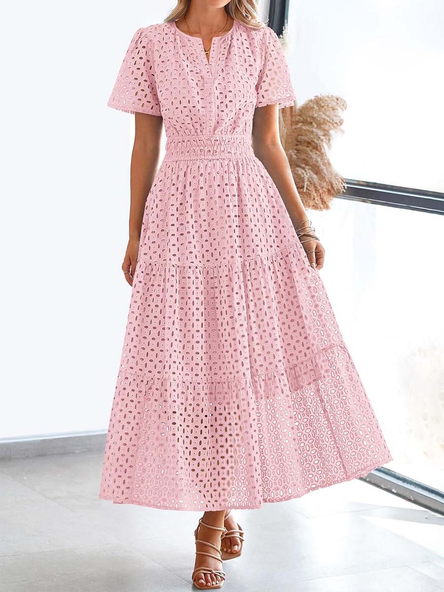 V-neck Hollow-out Eyelet Short-sleeve Dress
