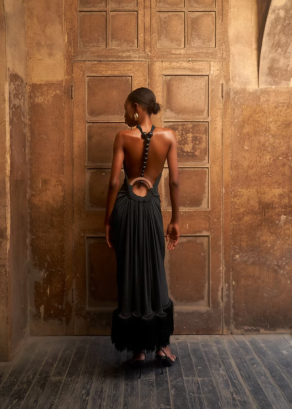 Halter Neck Open Back Fringe Hem Dress