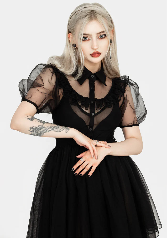 Black Tulle Ruffled Shirt - Collar Midi Dress