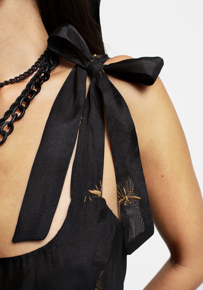 Black Embroidered Bow - Strap Mini Dress