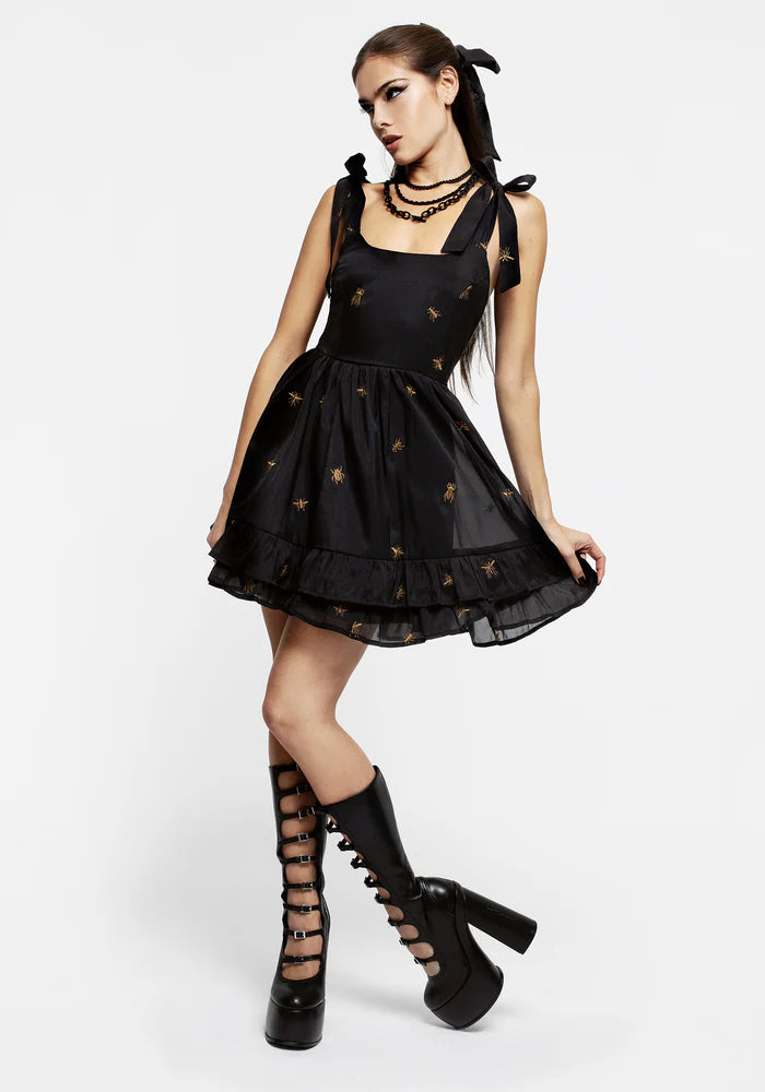 Black Embroidered Bow - Strap Mini Dress