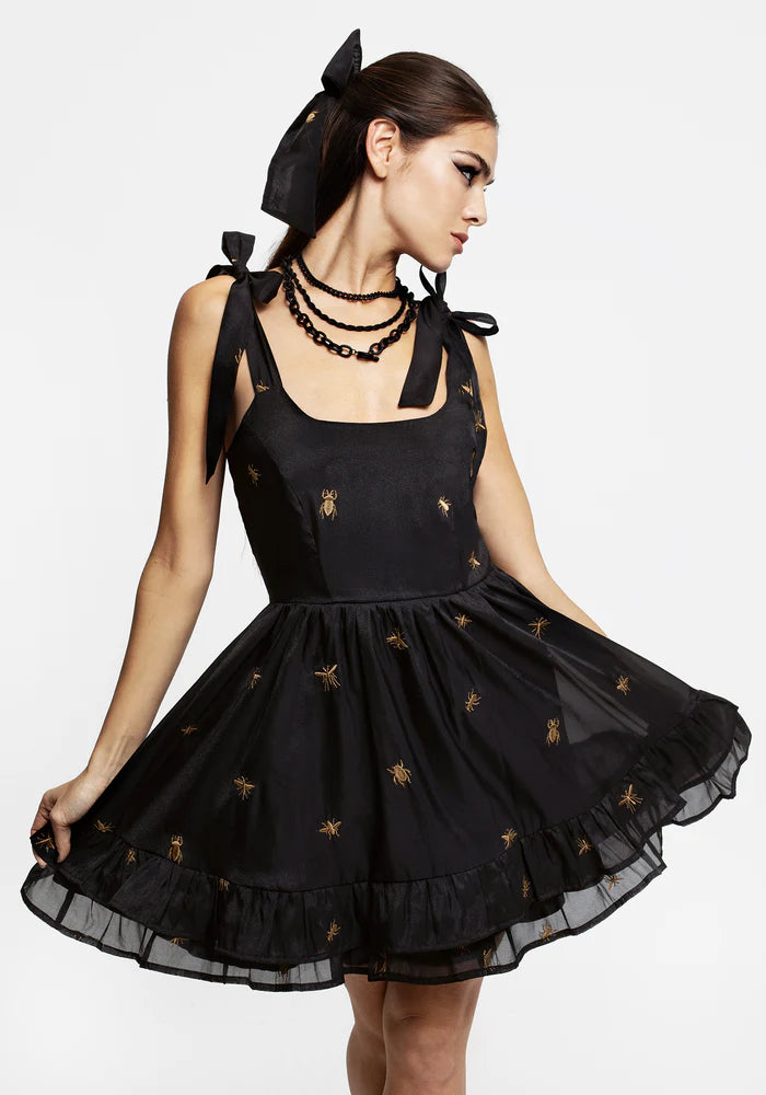 Black Embroidered Bow - Strap Mini Dress