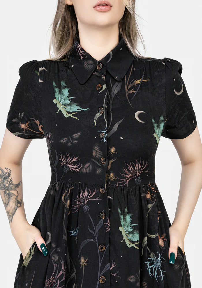 Dark Floral Shirt - Collar Midi Dress