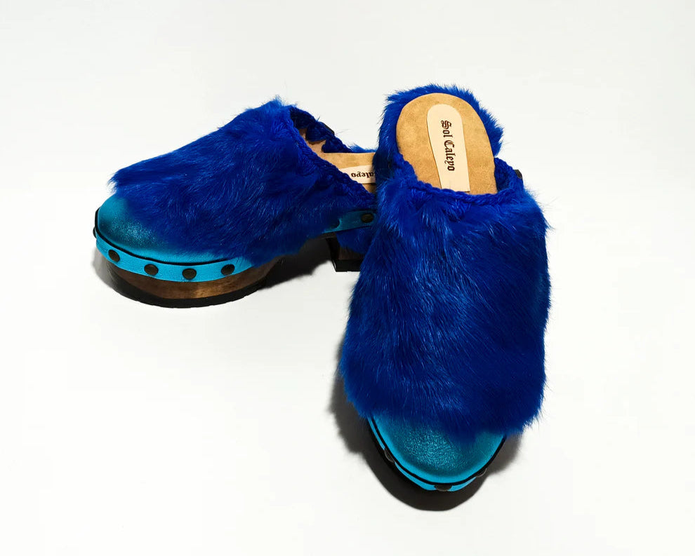 Blue Faux Fur - Lined Wooden Clogs