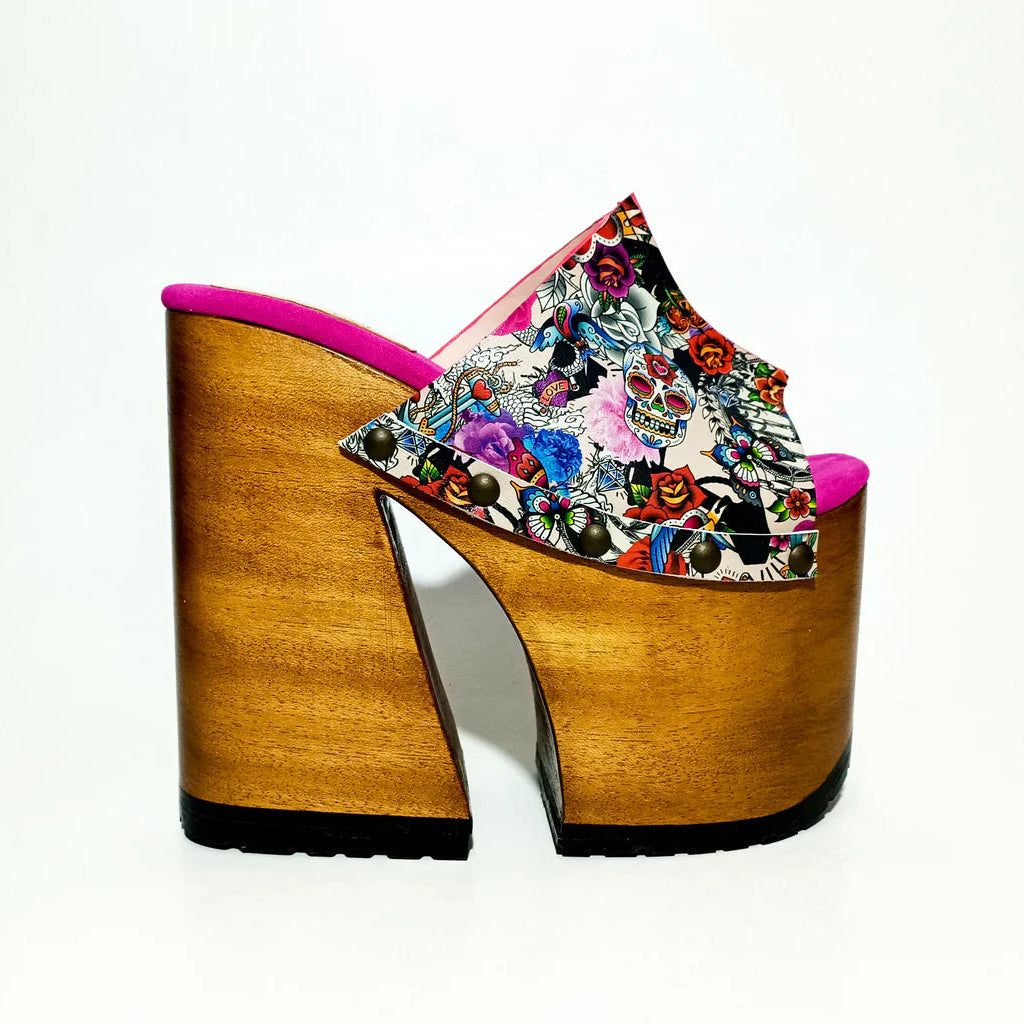 Colorful Floral - Print Platform Mule Sandals