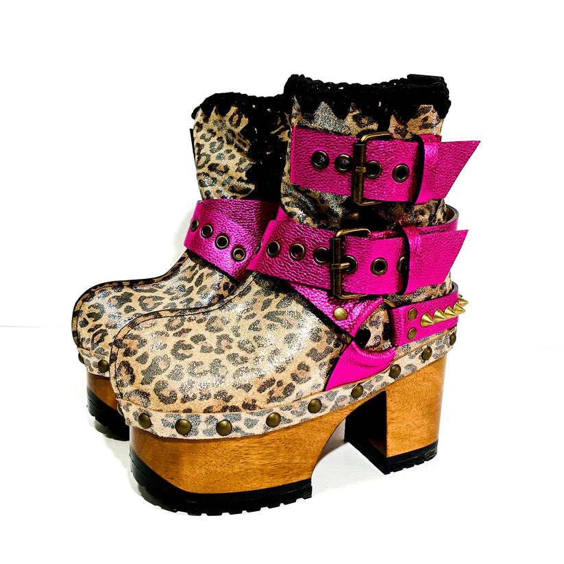 Leopard - Print Pink Buckled Platform Boots