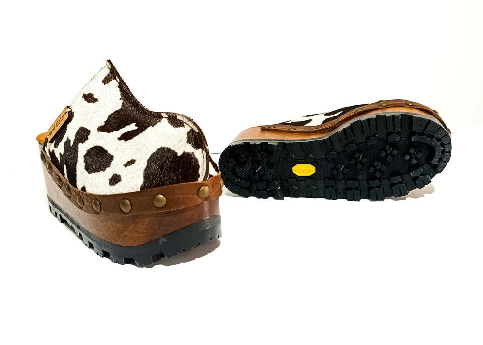 Cow - Print Studded Platform Clog Mules