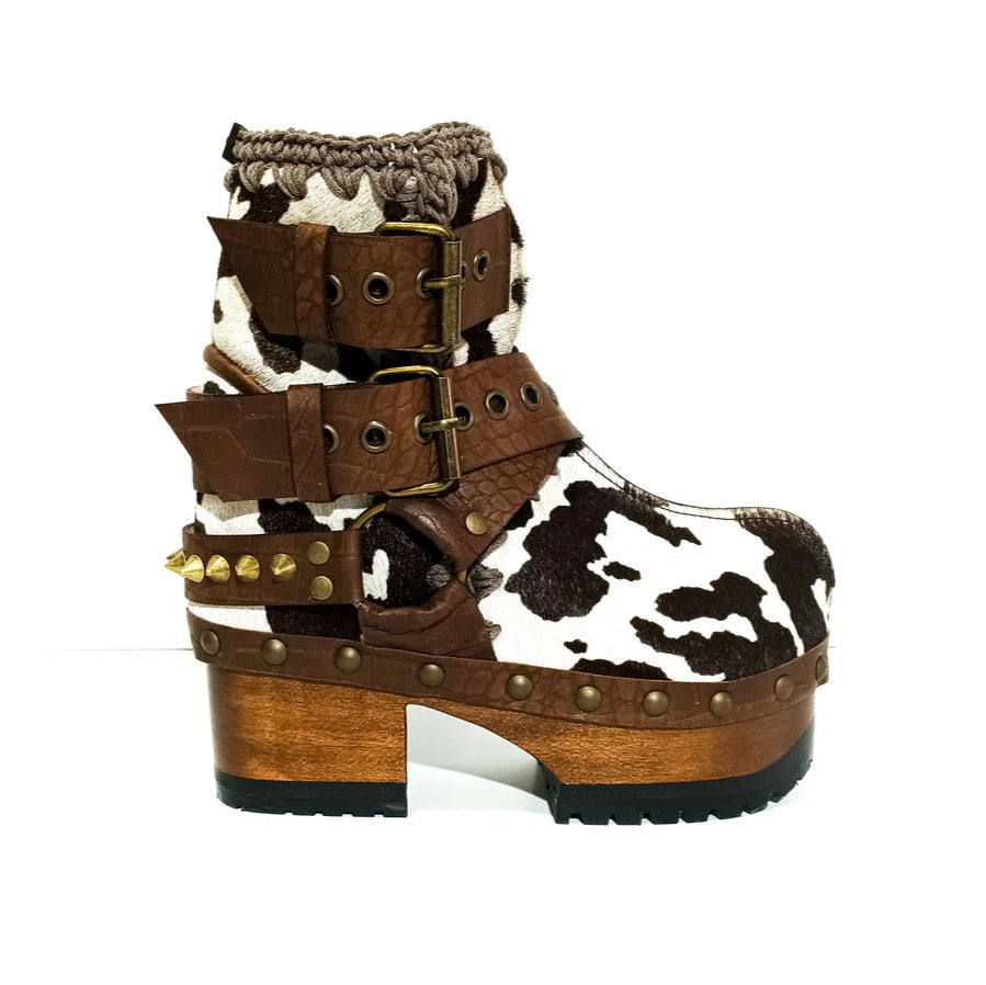 Cow Print Patchwork Wooden Clog Boots