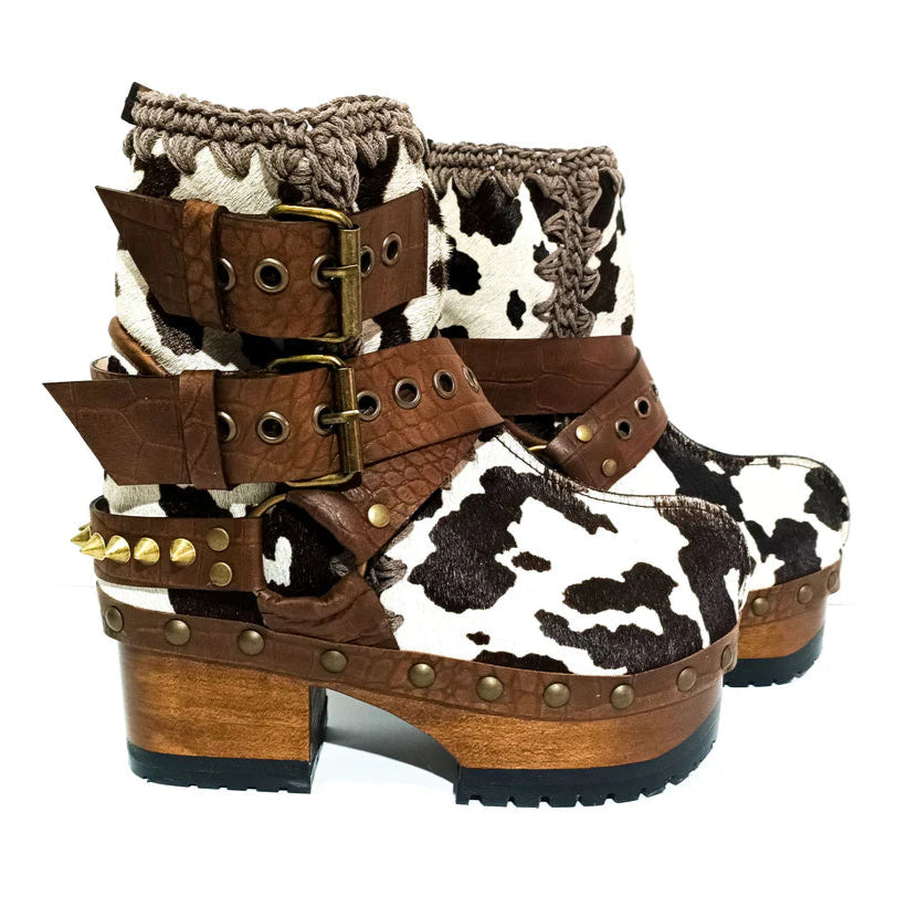 Cow Print Patchwork Wooden Clog Boots