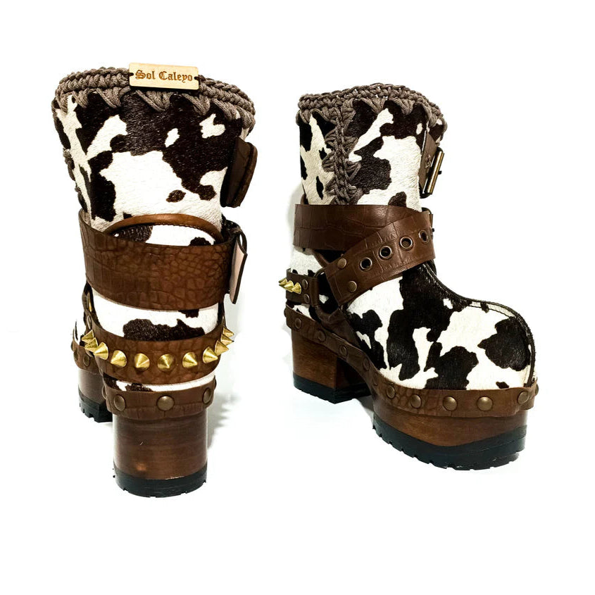 Cow Print Patchwork Wooden Clog Boots