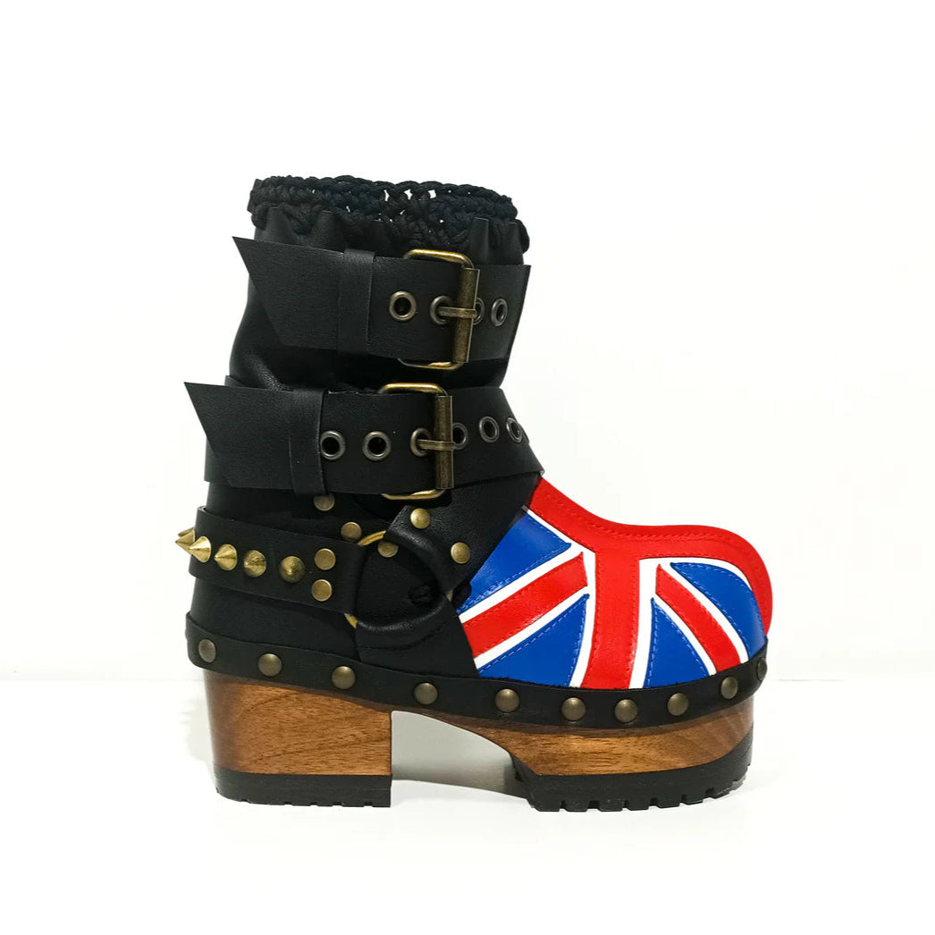 Union Jack - Printed Studded Platform Clog Boots