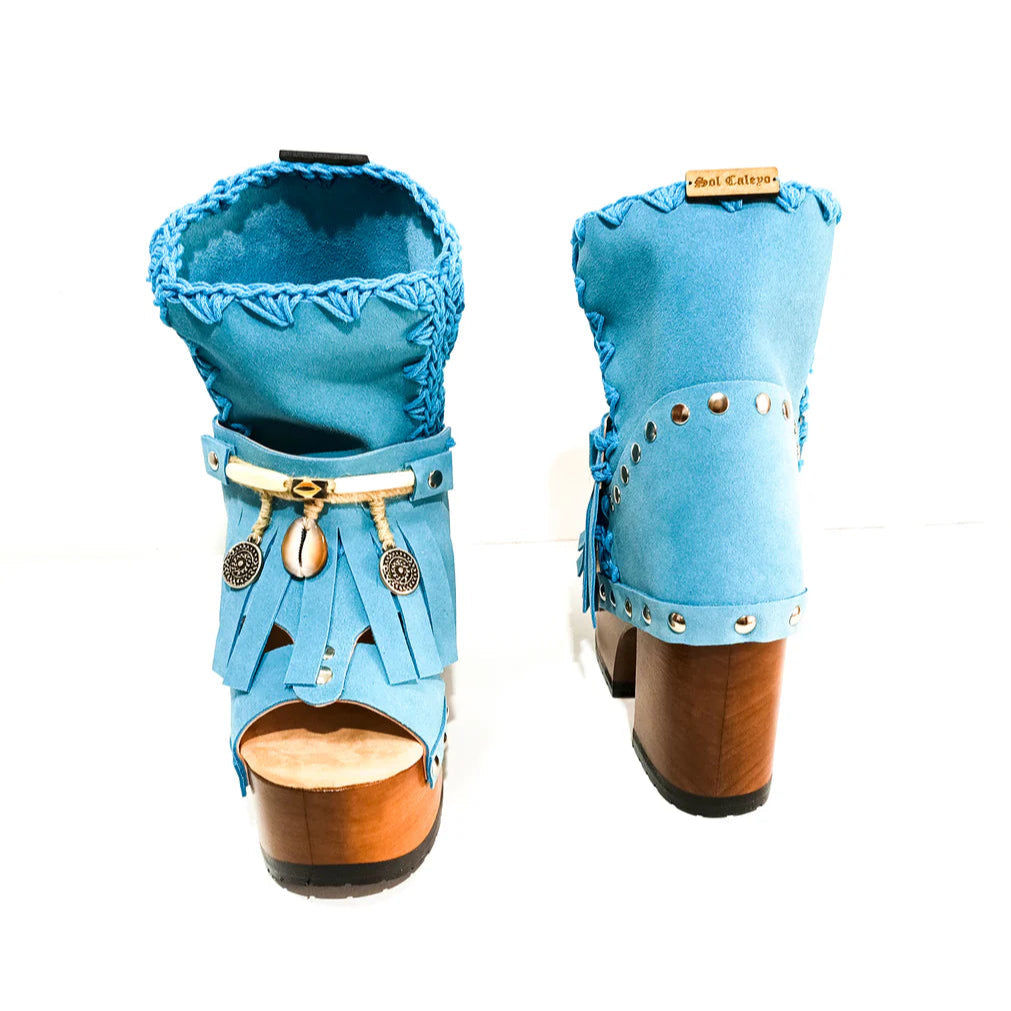 Boho Fringe - Trimmed Blue Platform Sandals
