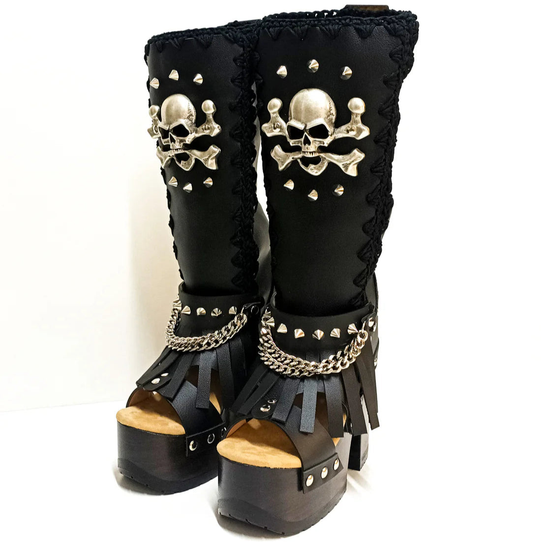 Black Punk - Style Platform Boots with Skull & Chain Details