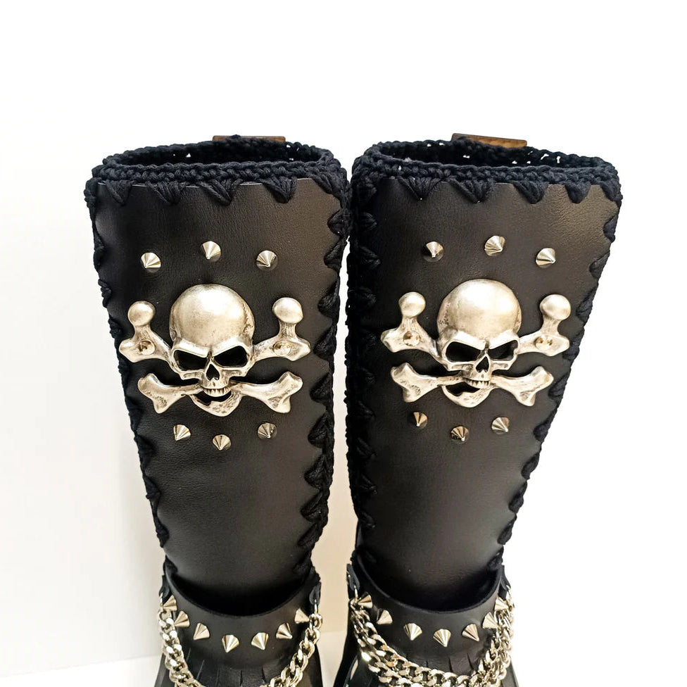 Black Punk - Style Platform Boots with Skull & Chain Details