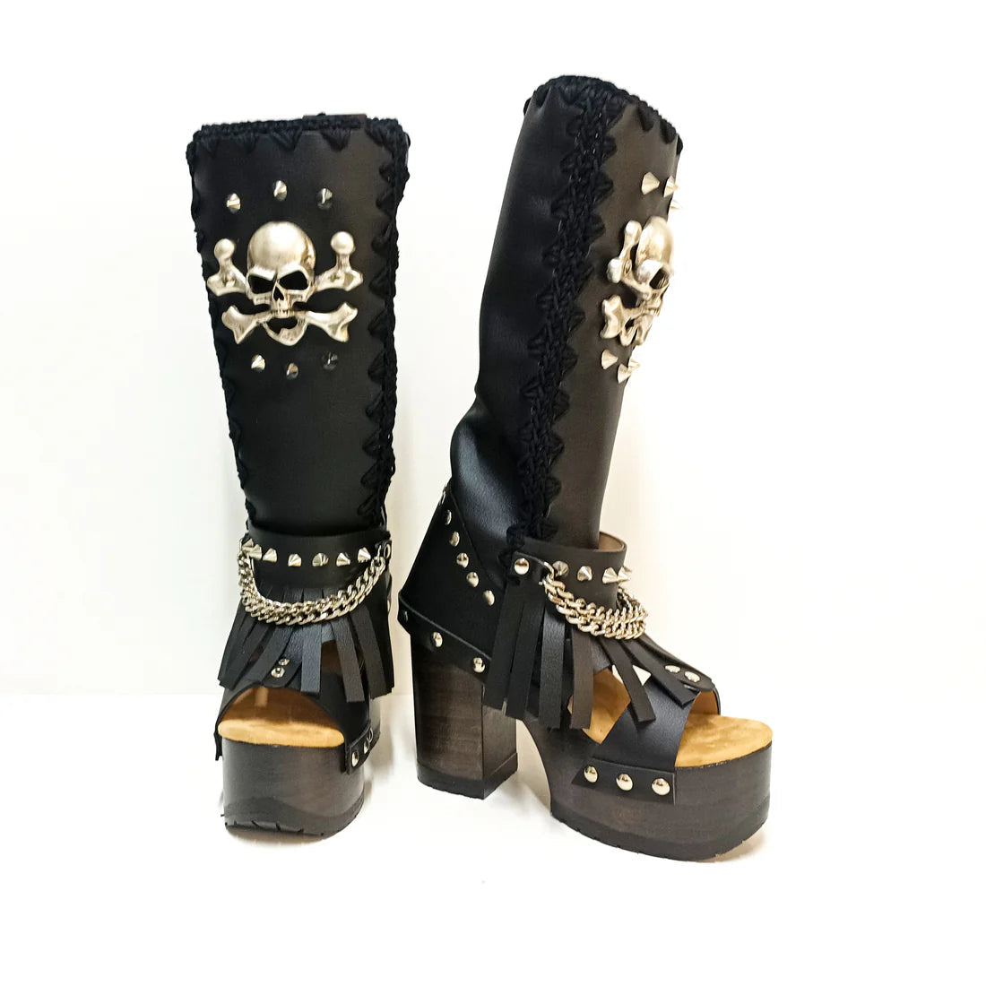 Black Punk - Style Platform Boots with Skull & Chain Details