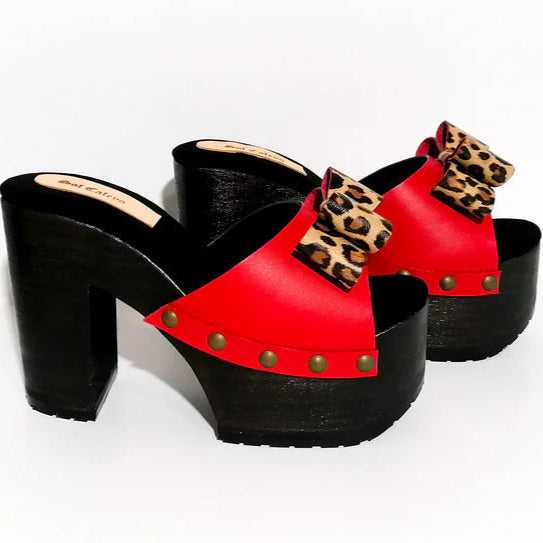 Leopard - Bow Contrast Color Platform Mules